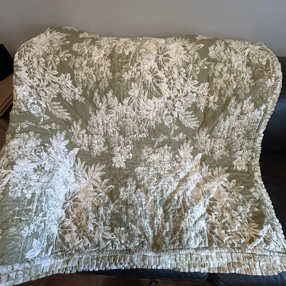 Pottery Barn Green Comforter Only  Toile Floral French Country Cottage Queen